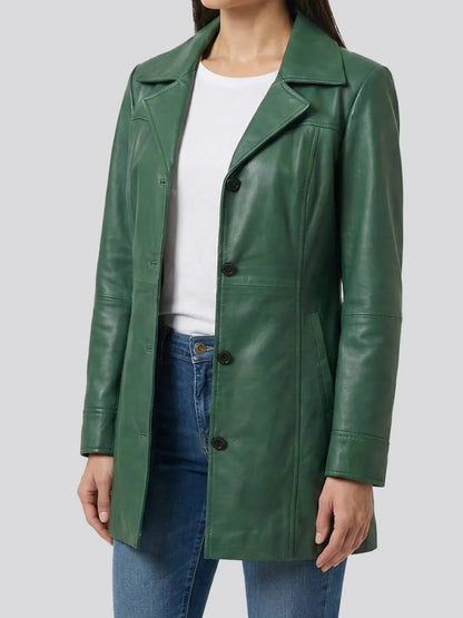Women's Green Leather Car Coat