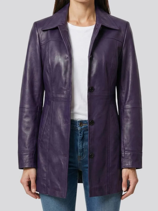 Kandis Women's Leather Purple 3/4 Length Car Coat
