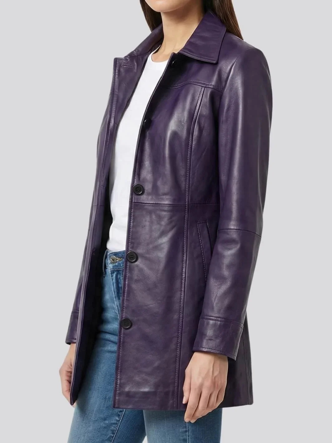 Kandis Women's Leather Purple 3/4 Length Car Coat