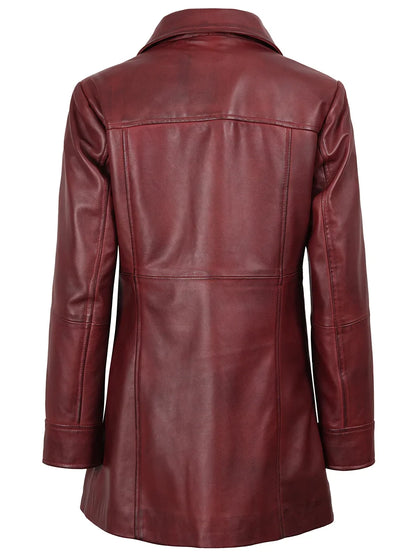 Kandis - Women's Burgundy Leather 3/4 Length Car Coat