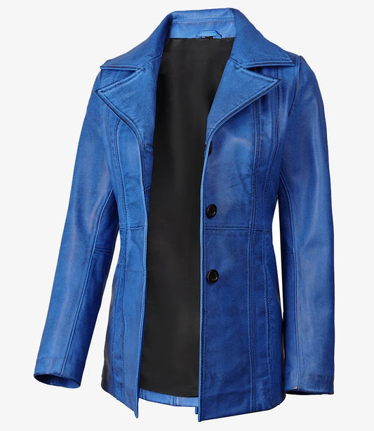 Katie Women's Blue 3/4 Length Leather Car Coat