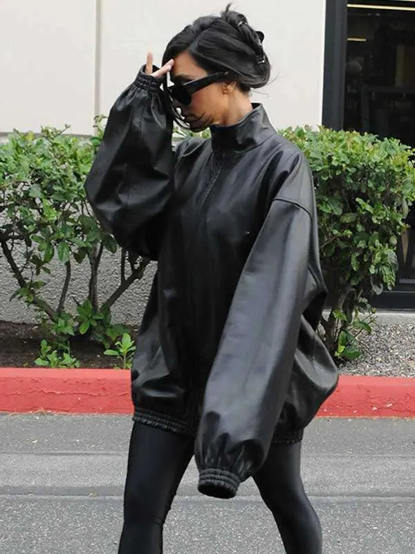 Kim Kardashian 2024 Black Leather Jacket Max Jackets