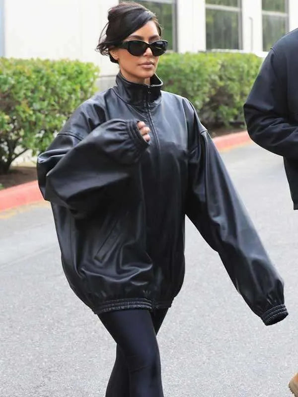 Kim Kardashian 2024 Black Leather Jacket Max Jackets