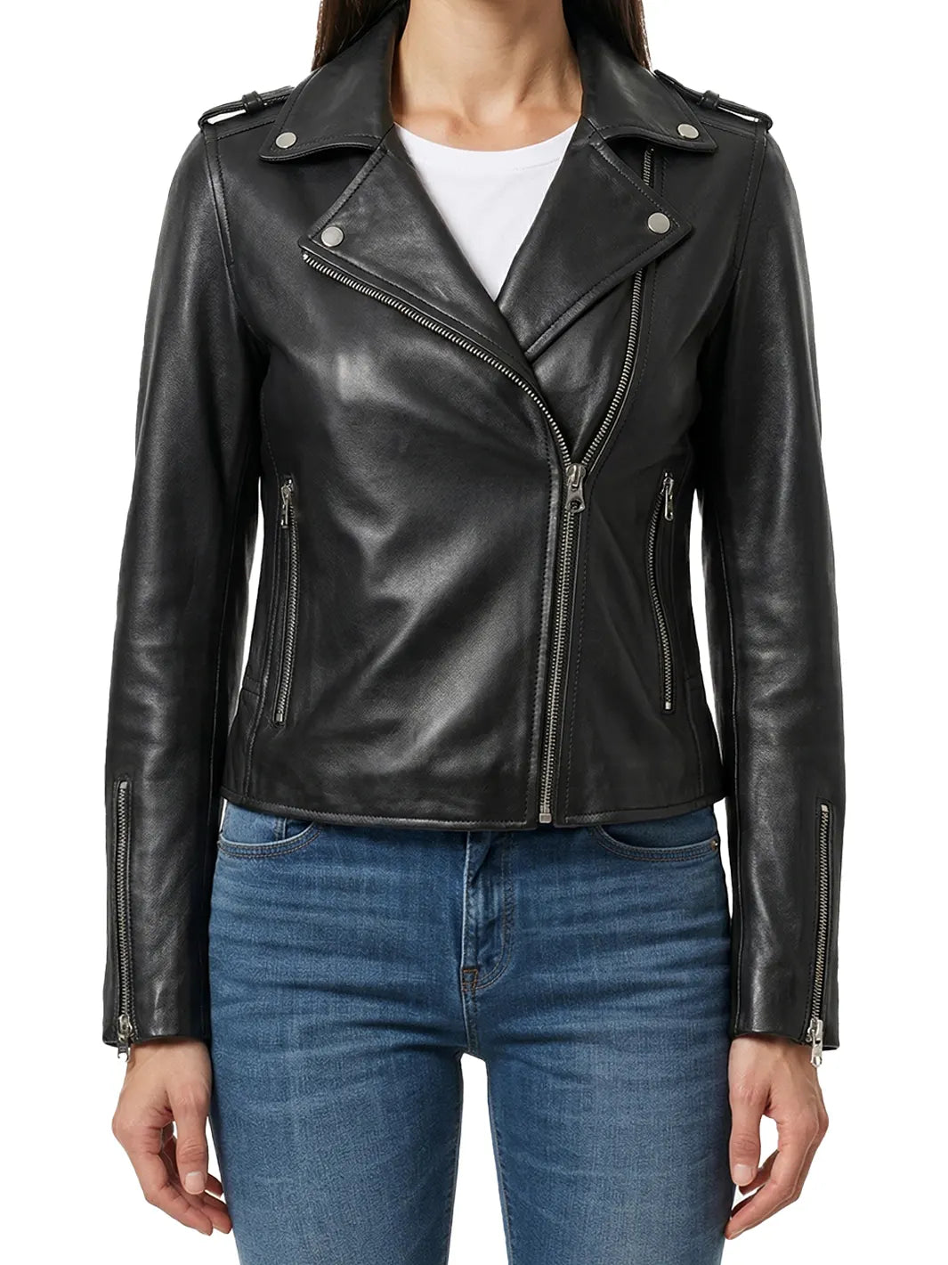 Kirsten Women's Black Asymmetrical Leather Jacket | Biker Style