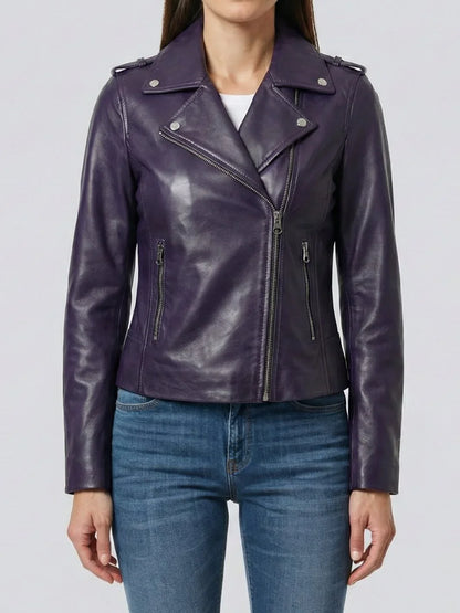 Kirsten Women's Purple Asymmetrical Biker Style Leather Jacket