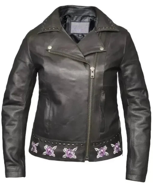 Ladies Black Leather Biker Jacket with Purple Roses and Studs