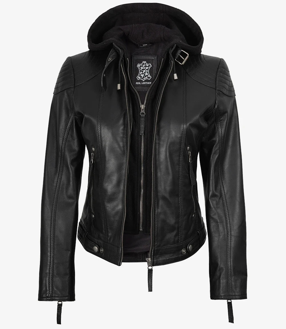 Women's Black Leather Jacket With Removable Hood