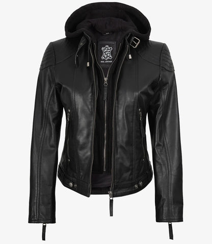 Women's Black Leather Jacket With Removable Hood