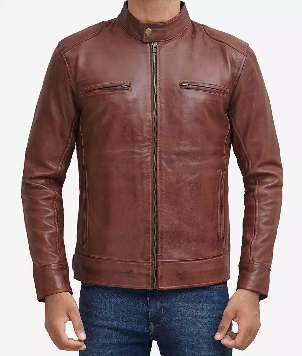 Mens Tall Cognac Leather Cafe Racer Jacket Max Jackets