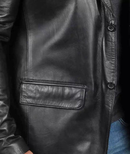 Mens Black Leather Blazer Jacket - Stylish Two Button Notch Lapel Blazer Max Jackets