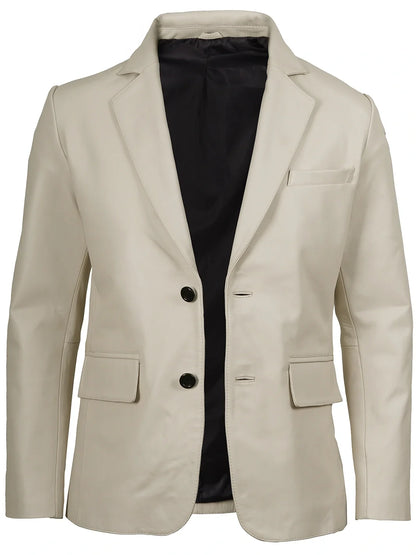 Mens Two Buttons Off White Leather Blazer
