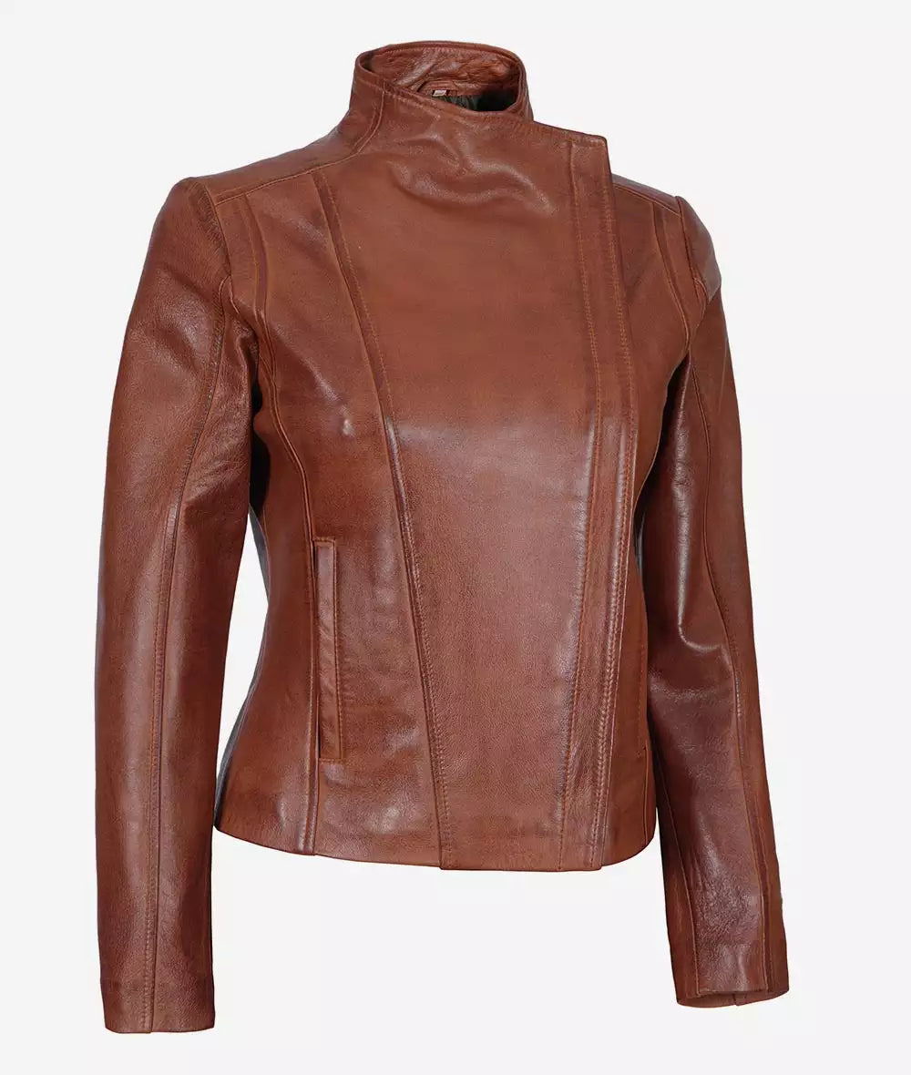 Women's Asymmetrical Cognac Leather Moto Jacket Max Jackets