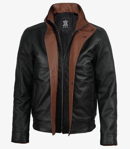 Erin Mens High-Collar Black Bomber Leather Jacket With Brown Details