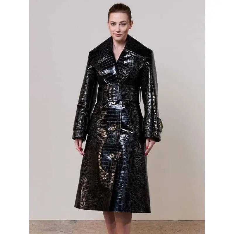 Lili Reinhart PFW Black Leather Coat