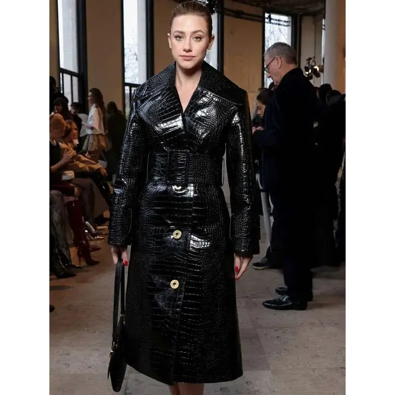 Lili Reinhart PFW Black Leather Coat