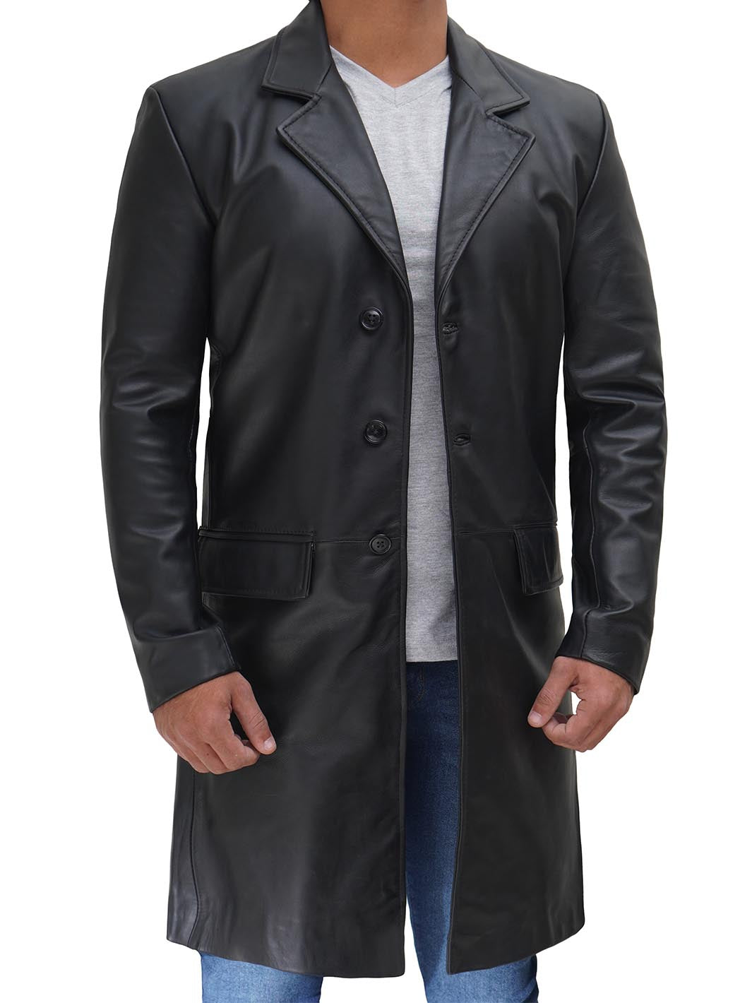 Men's Long Black Real Cowhide Leather Trench Coat