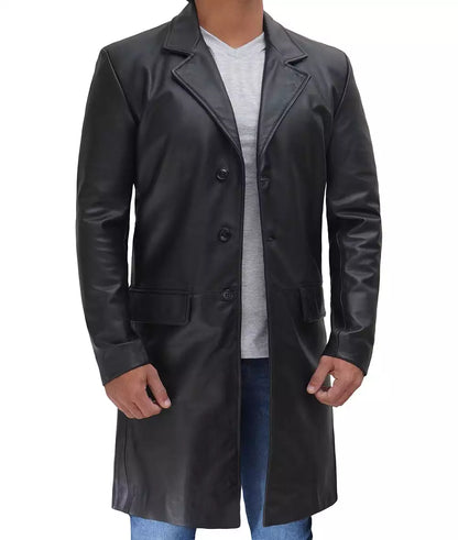 Men's Cowhide Black 3/4 Length Leather Coat