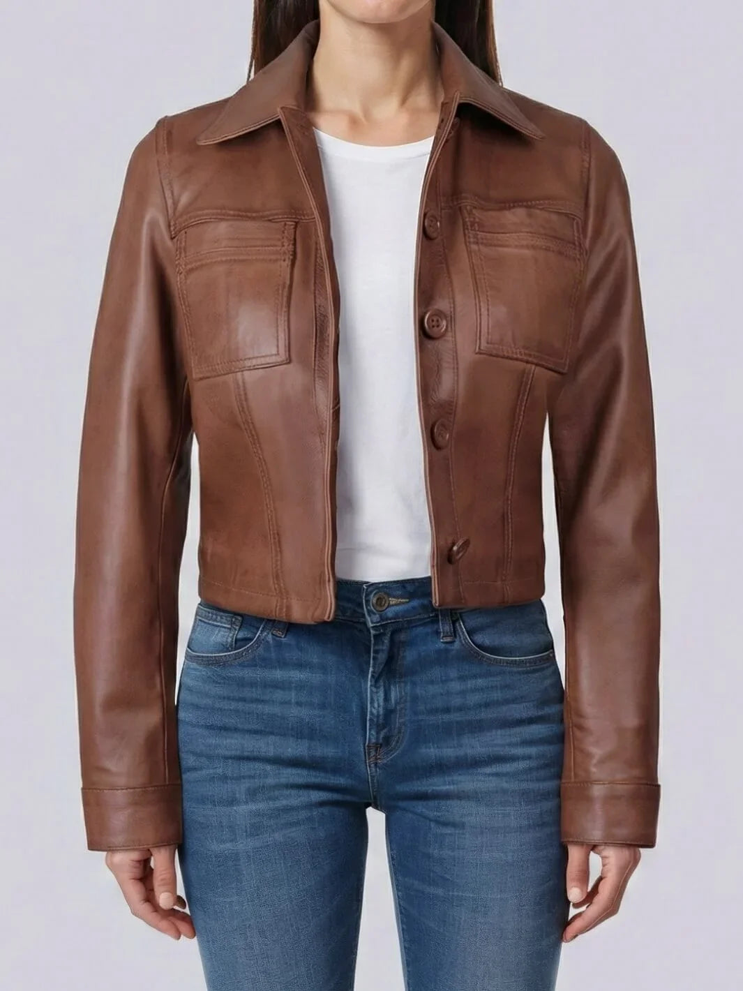Women's Cognac Brown Cropped Leather Harrington Jacket