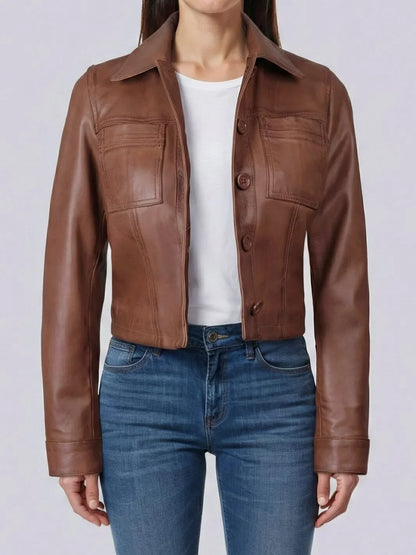 Women's Cognac Brown Cropped Leather Harrington Jacket