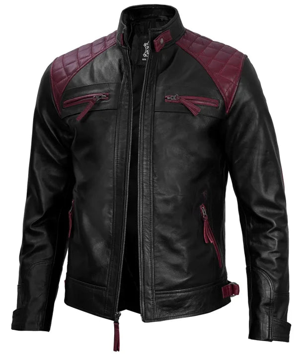 Rollins Men’s Maroon & Black Cafe Racer Leather Jacket Max Jackets