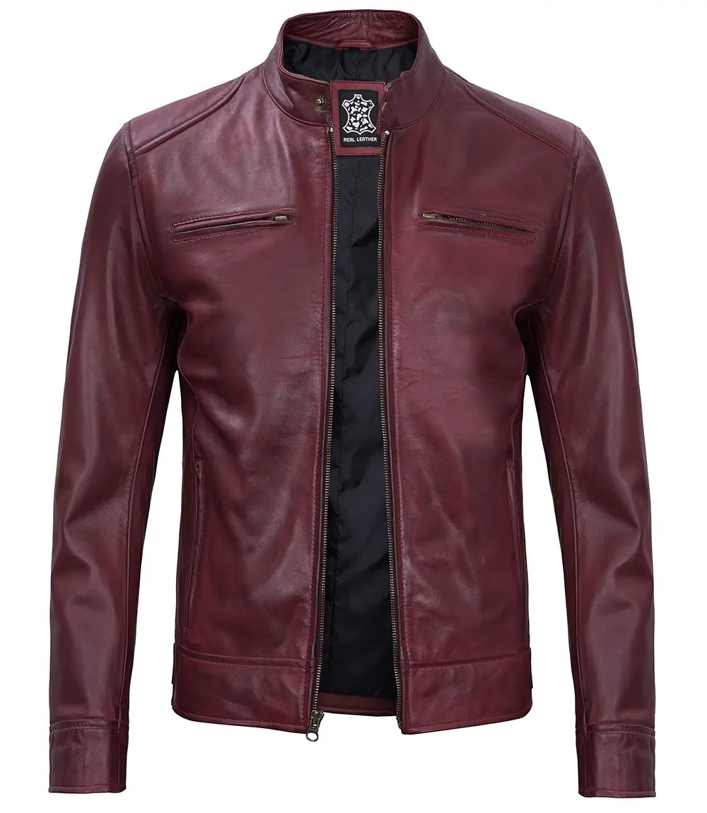 Dodge Men's Maroon Cafe Racer Premium Lambskin Leather Jacket Max Jackets