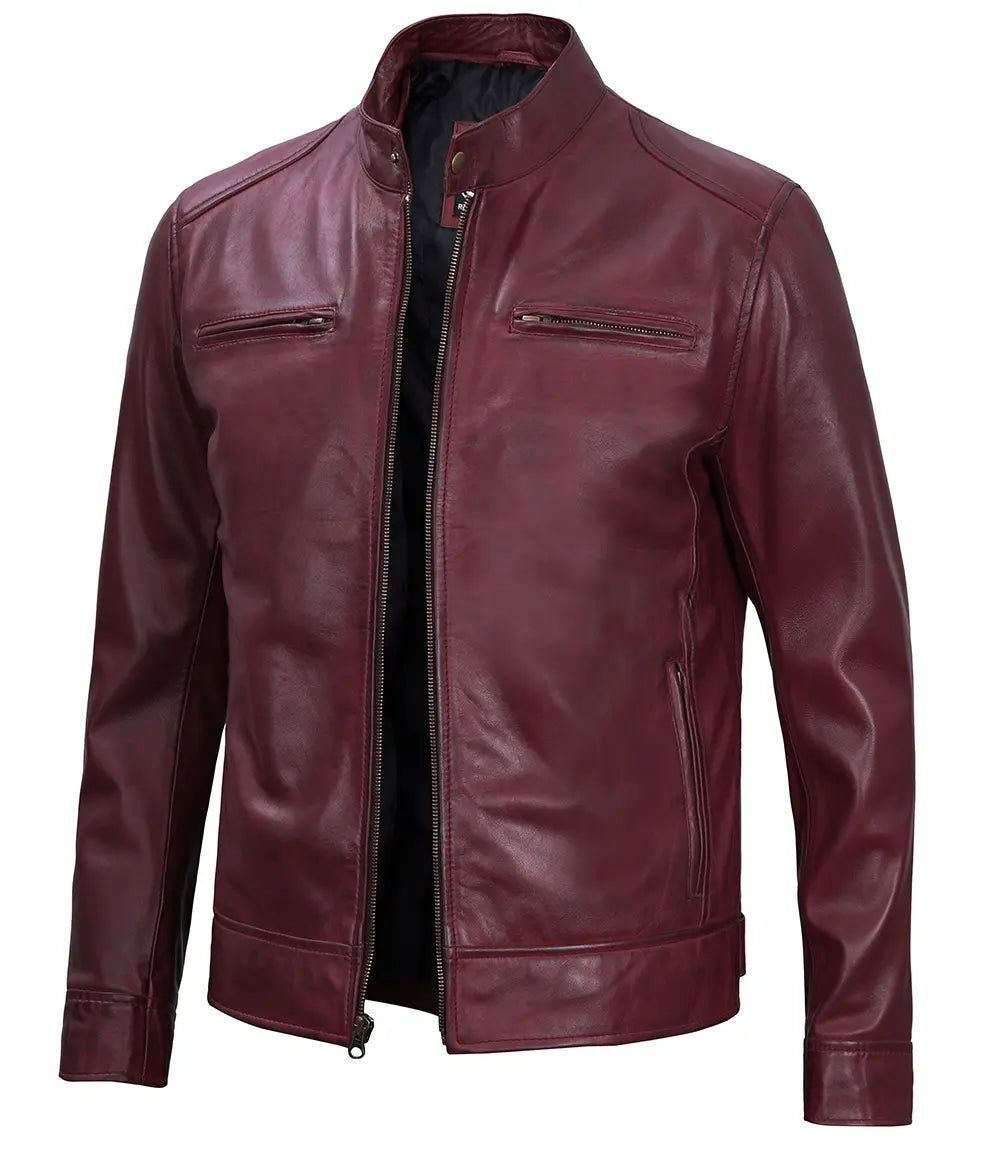 Dodge Men's Maroon Cafe Racer Premium Lambskin Leather Jacket Max Jackets