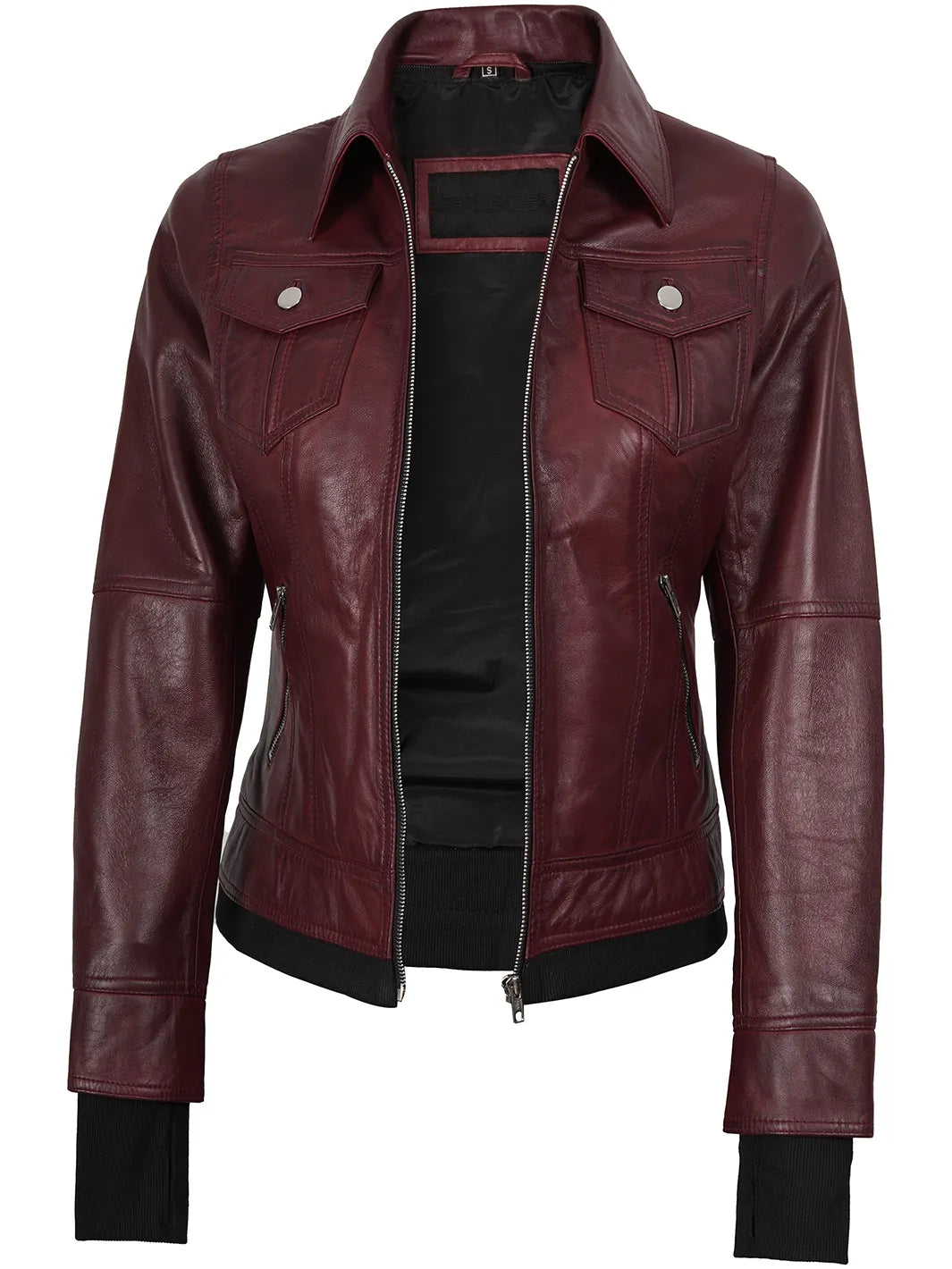 Women's Burgundy Hooded Leather Bomber Jacket