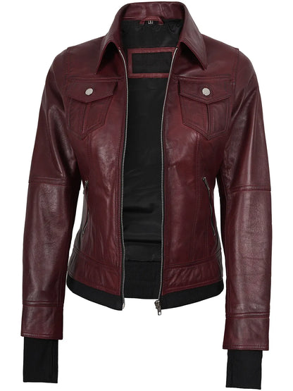 Women's Burgundy Hooded Leather Bomber Jacket