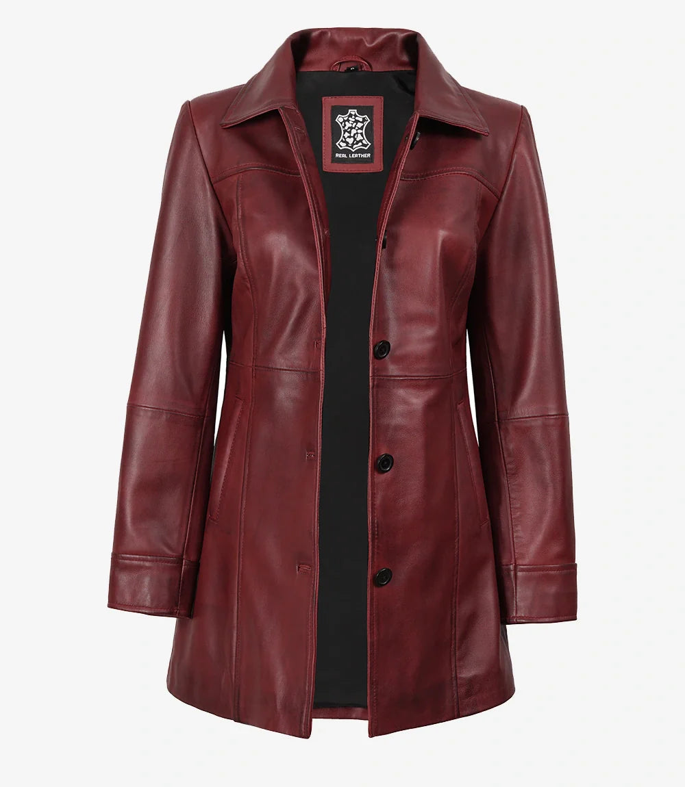 Womens Button Down Maroon Leather Car Coat