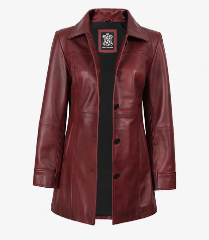 Womens Button Down Maroon Leather Car Coat