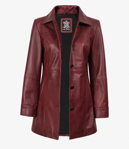 Womens Button Down Maroon Leather Car Coat