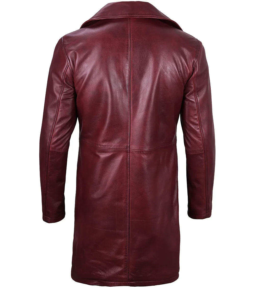 Men's Burgundy Lambskin Leather Car Coat