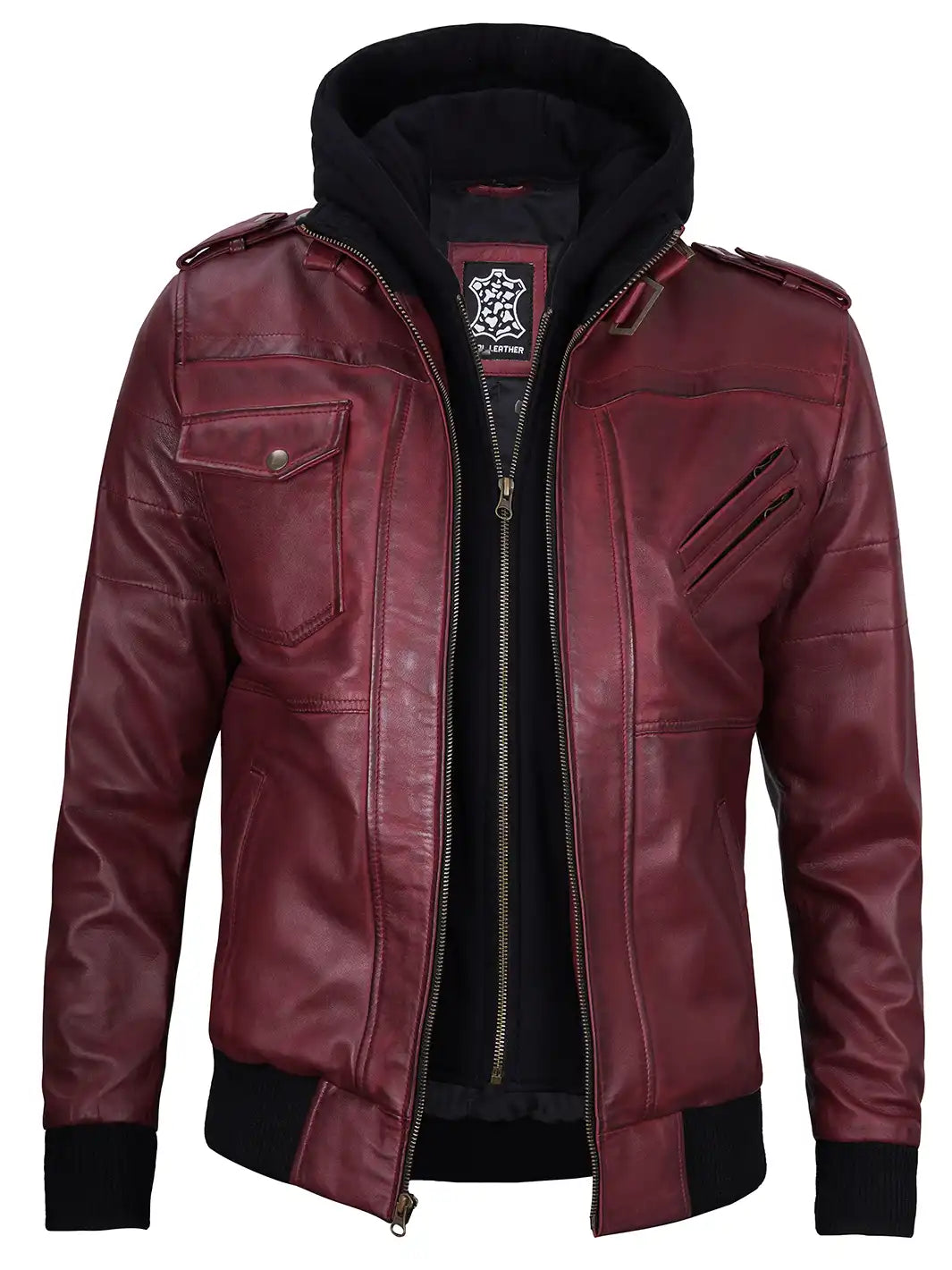 Men's Burgundy Lambskin Bomber Jacket with Removable Hood