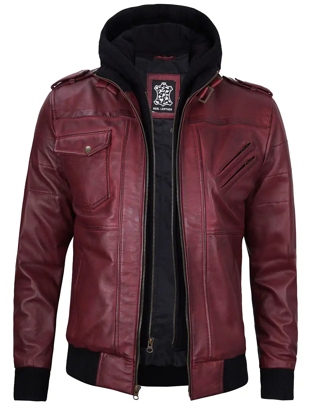 Men's Burgundy Lambskin Bomber Jacket with Removable Hood