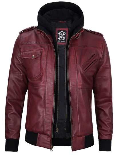 Men's Burgundy Lambskin Bomber Jacket with Removable Hood