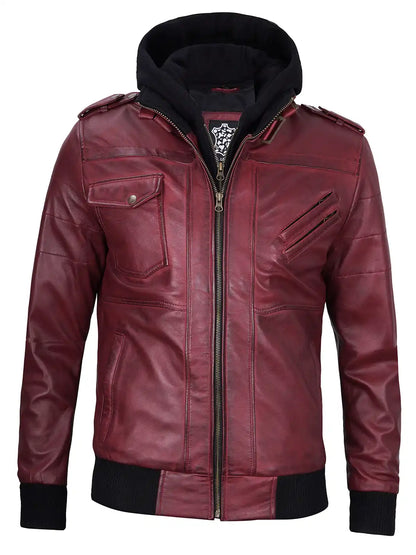 Men's Burgundy Lambskin Bomber Jacket with Removable Hood