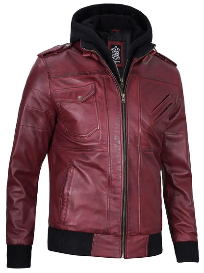 Men's Burgundy Lambskin Bomber Jacket with Removable Hood