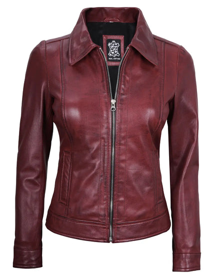 Women's Burgundy Harrington Real Leather Jacket
