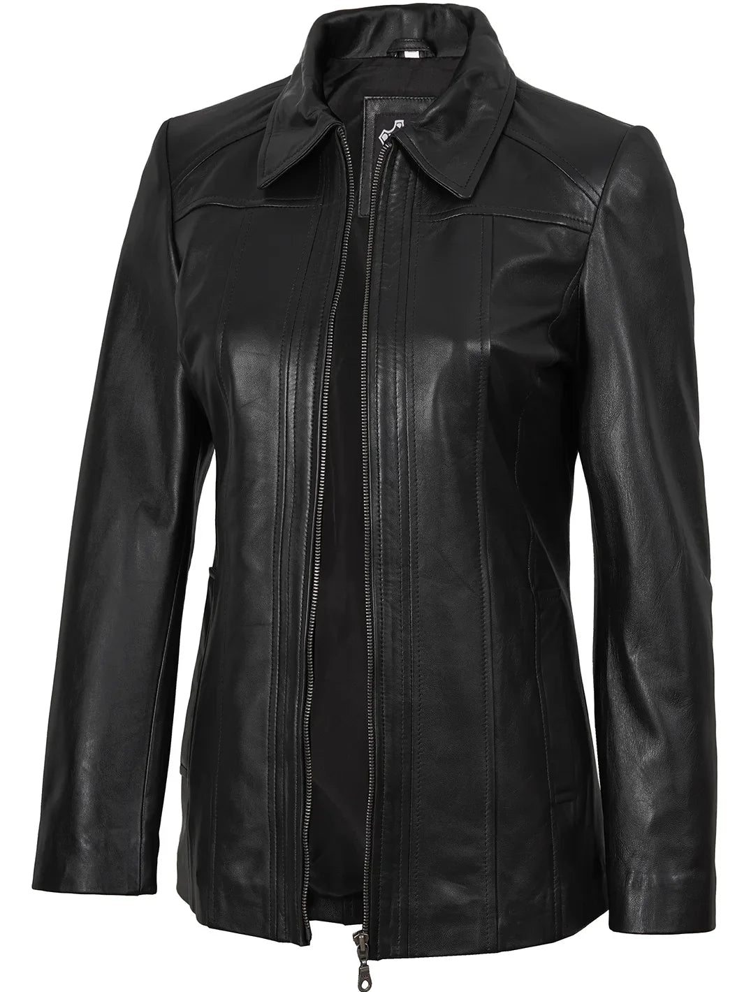 Marsha Women's Shirt-Collar Black Leather Car Coat