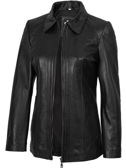 Marsha Women's Shirt-Collar Black Leather Car Coat