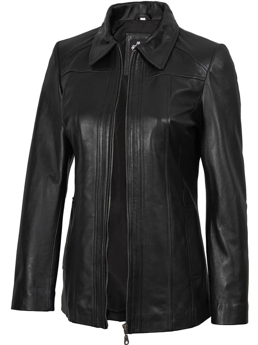 Marsha Women's Shirt-Collar Black Leather Car Coat