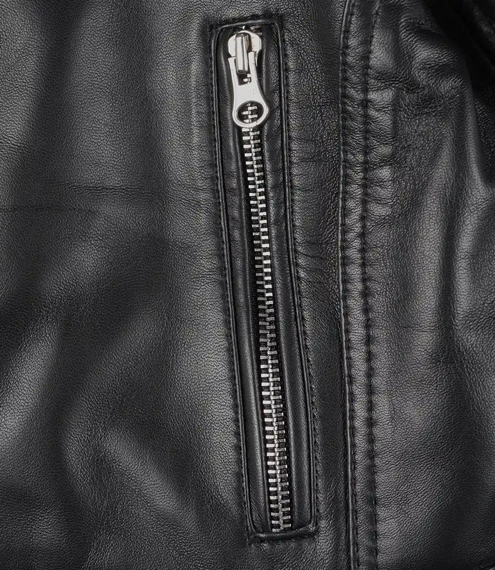 Black Cropped Leather Biker Style Jacket for Women