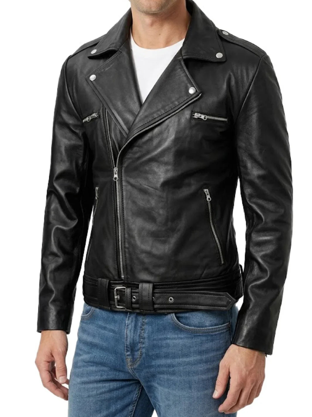 Men's Black Asymmetrical Leather Belted Jacket