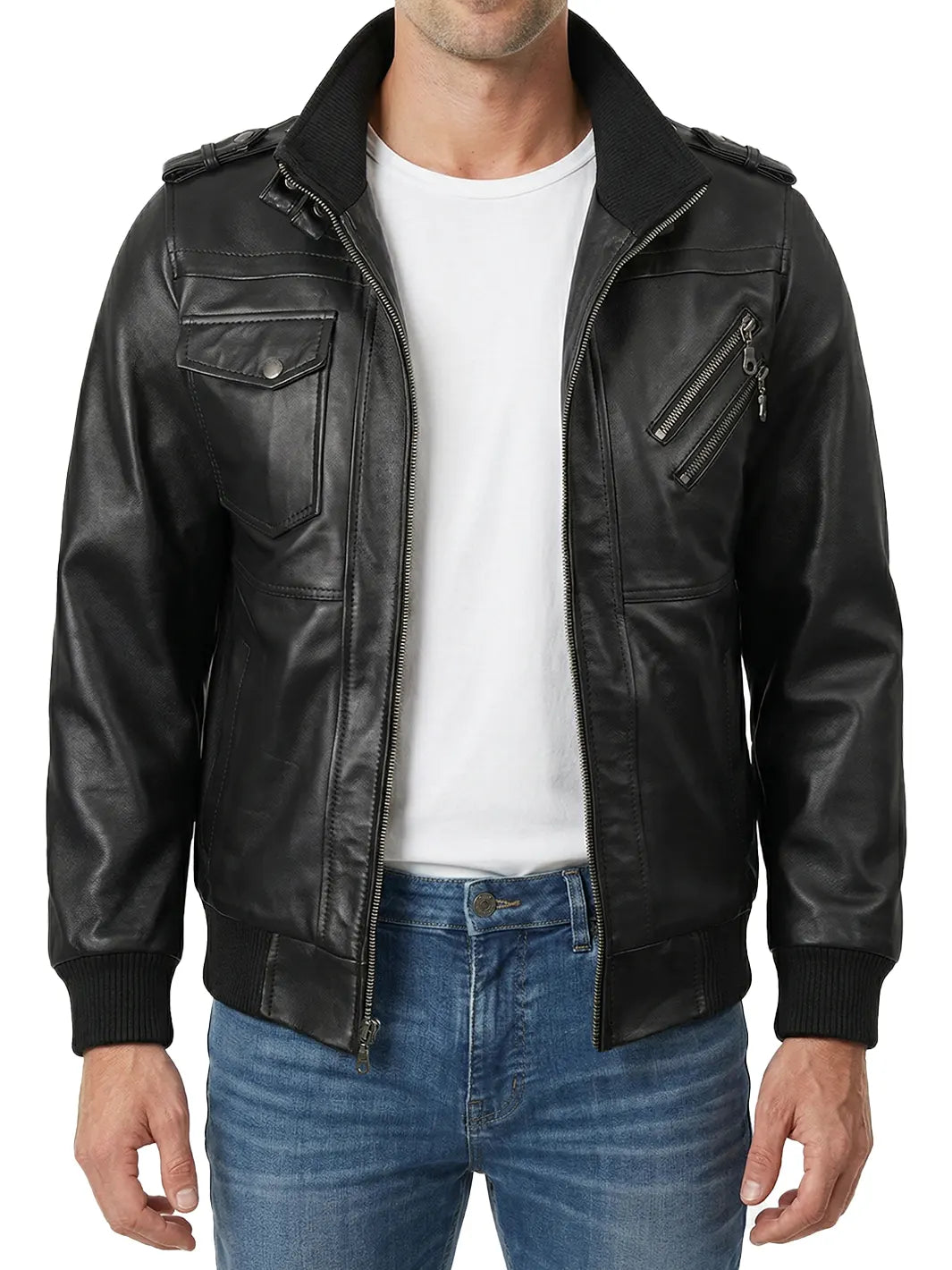 Men's Black Bomber Leather Jacket with Removable Hood