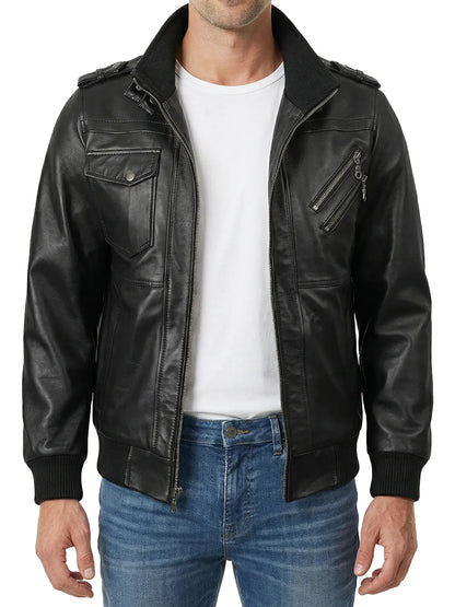 Men's Black Bomber Leather Jacket with Removable Hood
