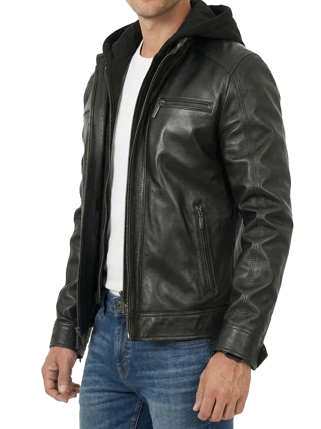 Merrill Men's Black Hooded Leather Jacket