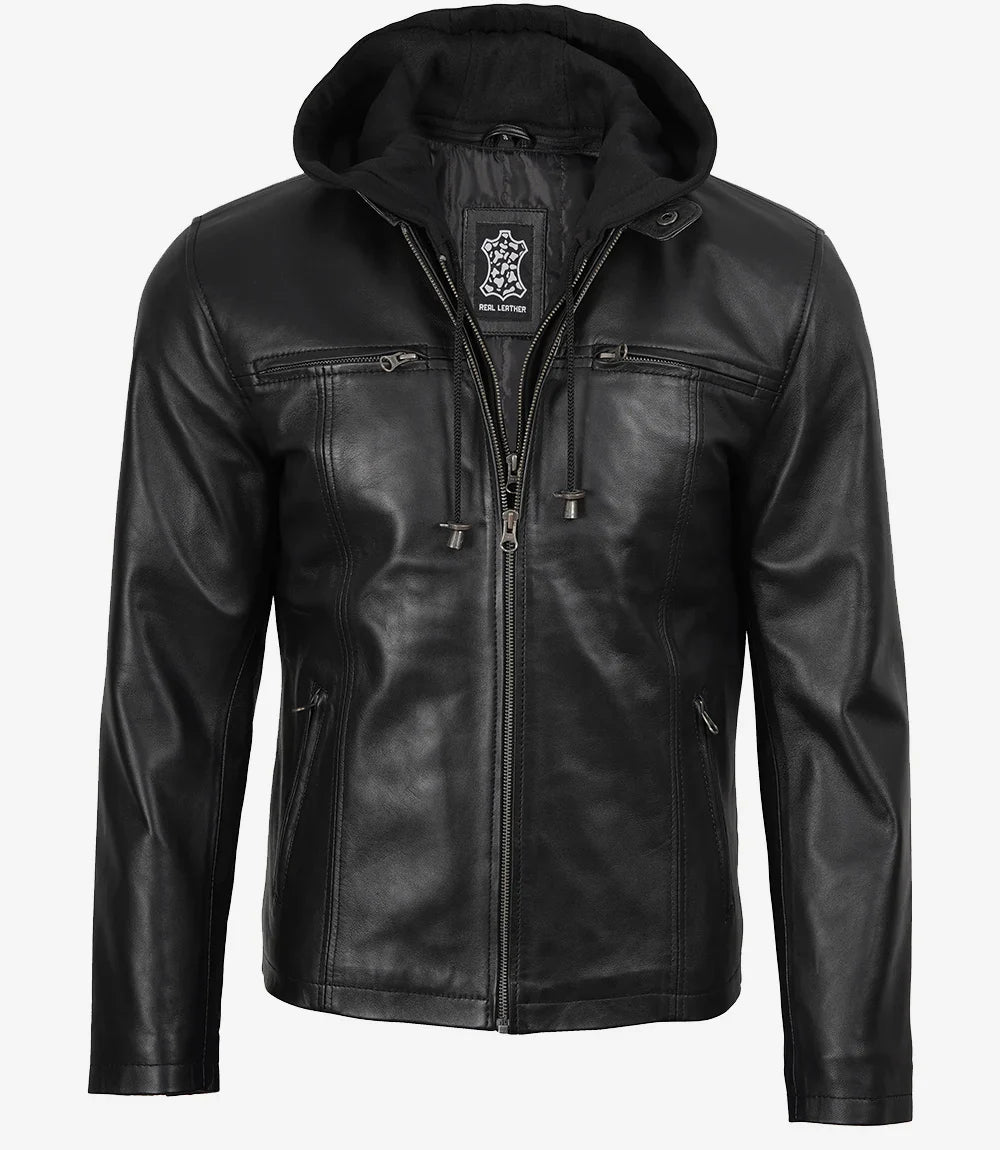 Men's Black Leather Jacket with Removable Hood