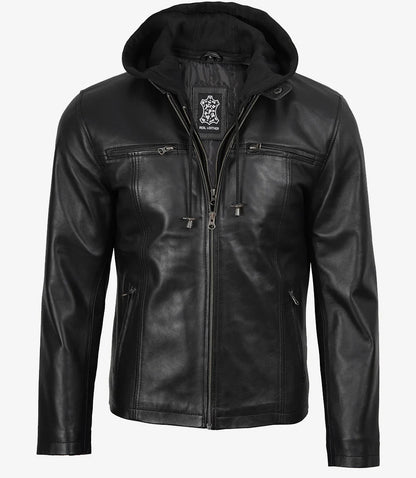 Men's Black Leather Jacket with Removable Hood