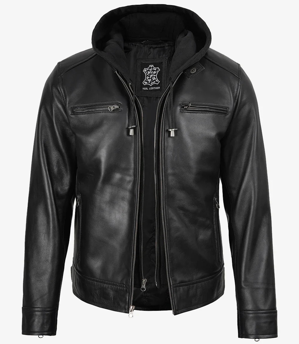 Men's Black Leather Jacket with Removable Hood