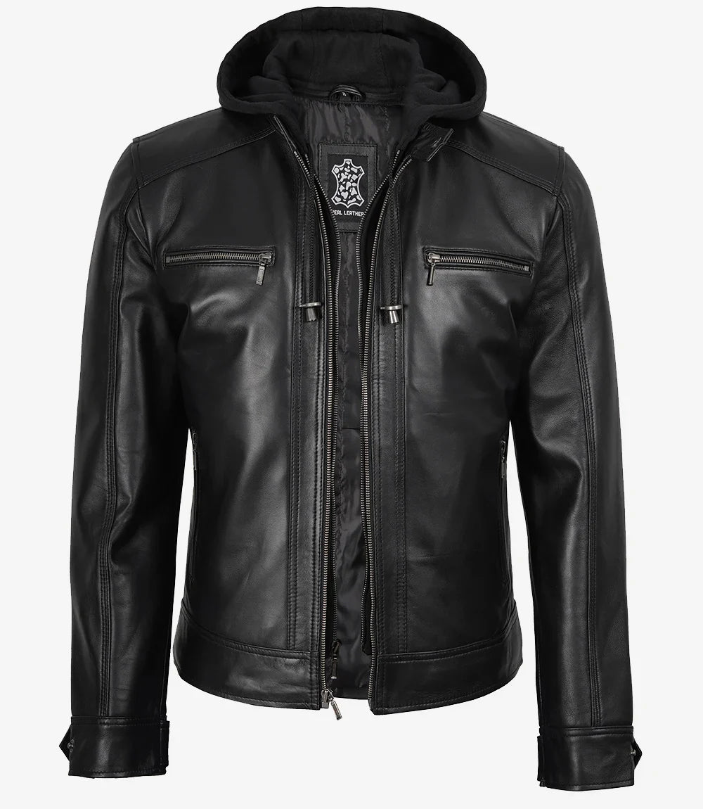 Men's Black Leather Jacket with Removable Hoodie